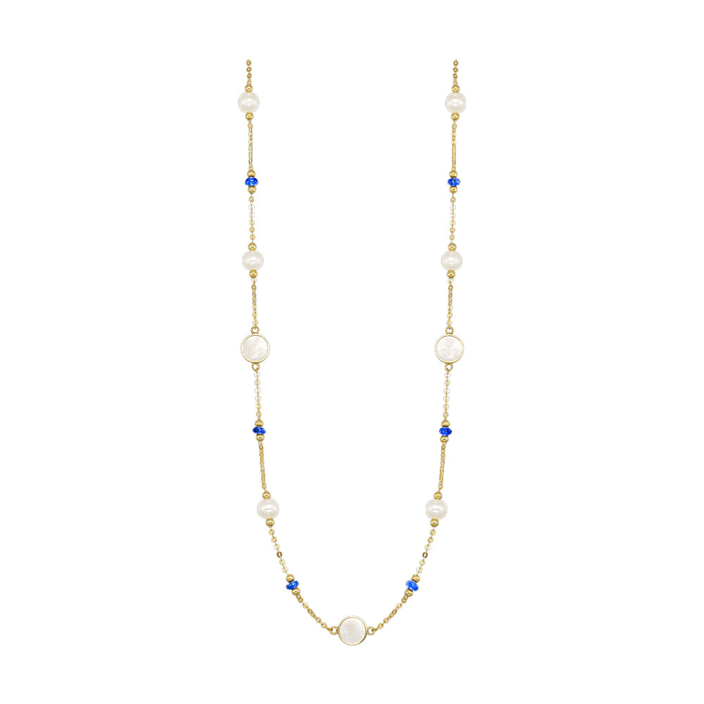 10Kt Yellow Gold & Pearl-Sapphire 2Ctw Necklace