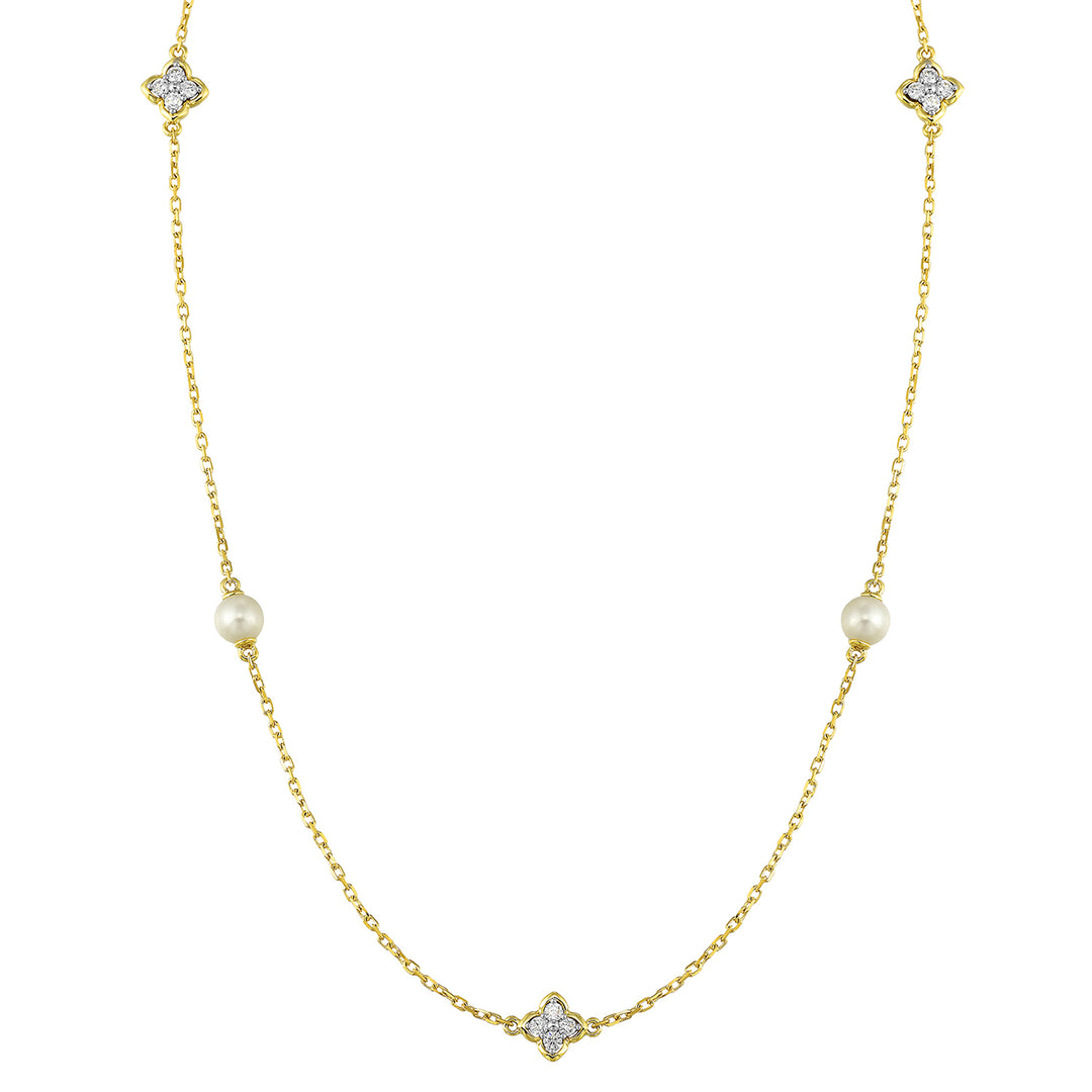 14Kt Yellow Gold Diamond 1/6Ctw & Pearl Necklace