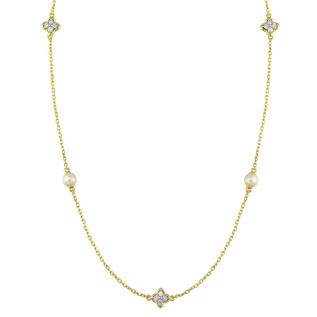 14Kt Yellow Gold Diamond 1/6Ctw & Pearl Necklace