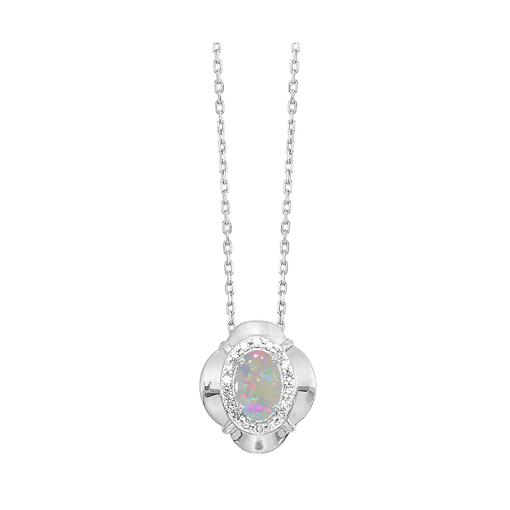 10Kt White Gold Diamond 1/15Ctw & Opal 1/2Ctw Pendant