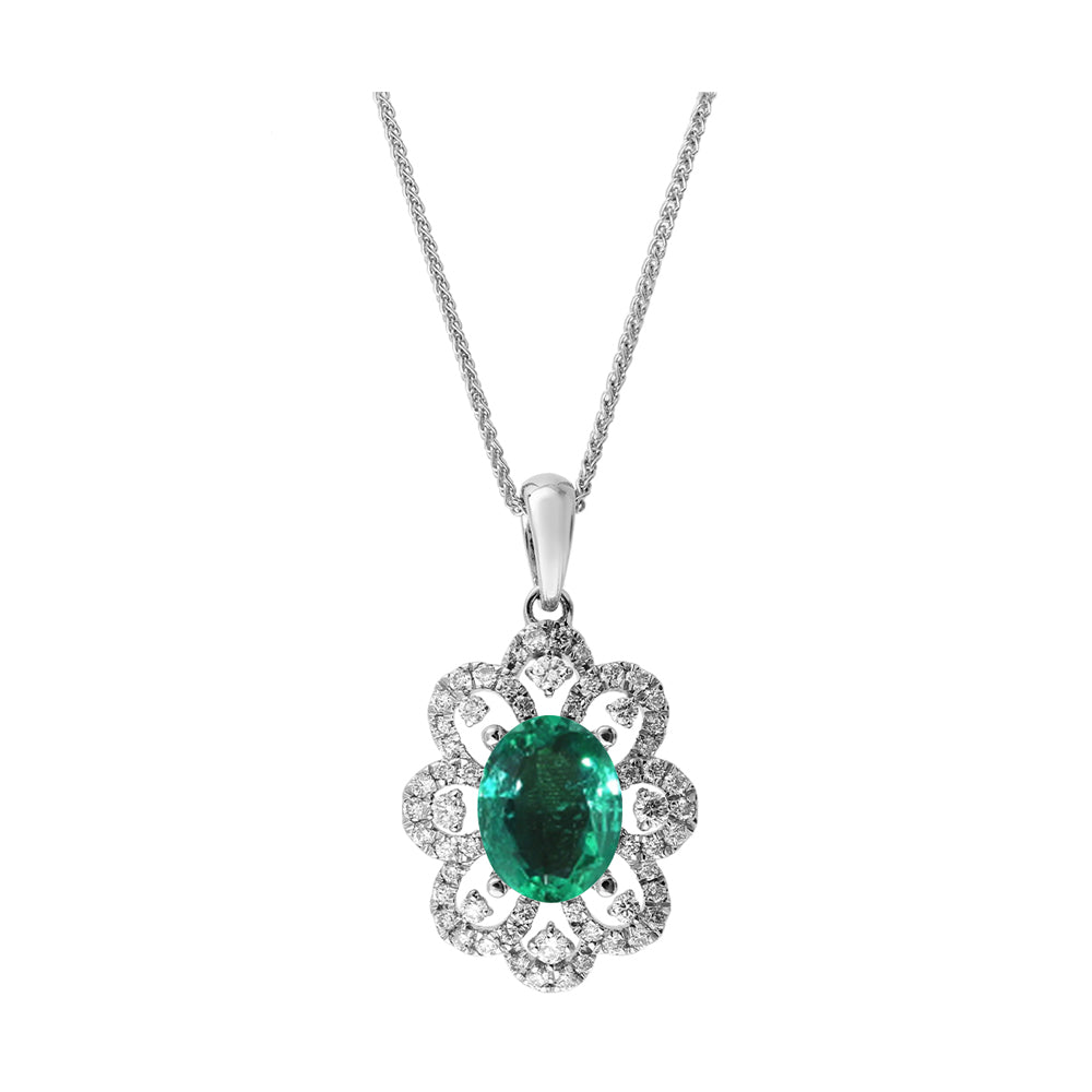 14Kt White Gold Diamond 1/3Ctw & Emerald 1Ctw Pendant
