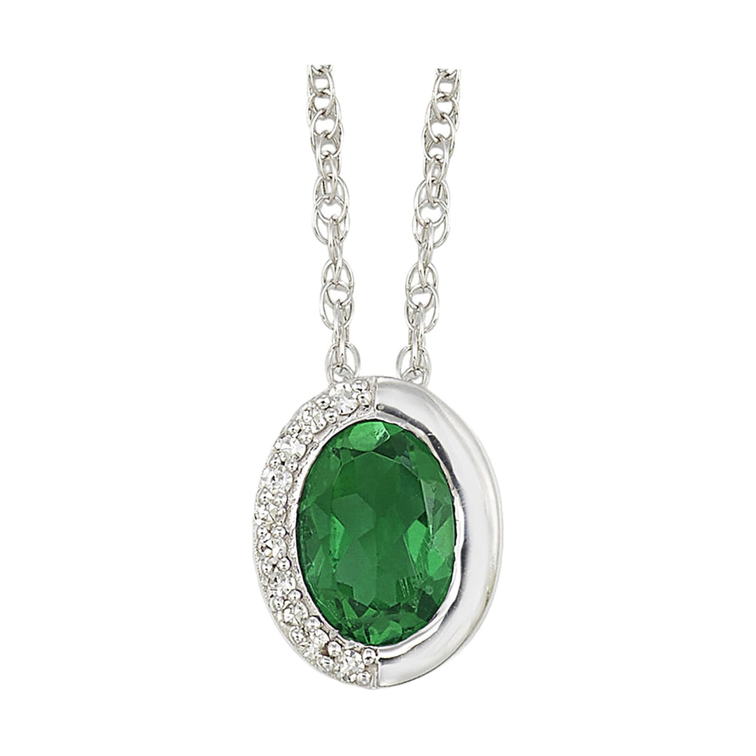 Silver Diamond 1/25Ctw & Created Emerald 3/4Ctw Pendant