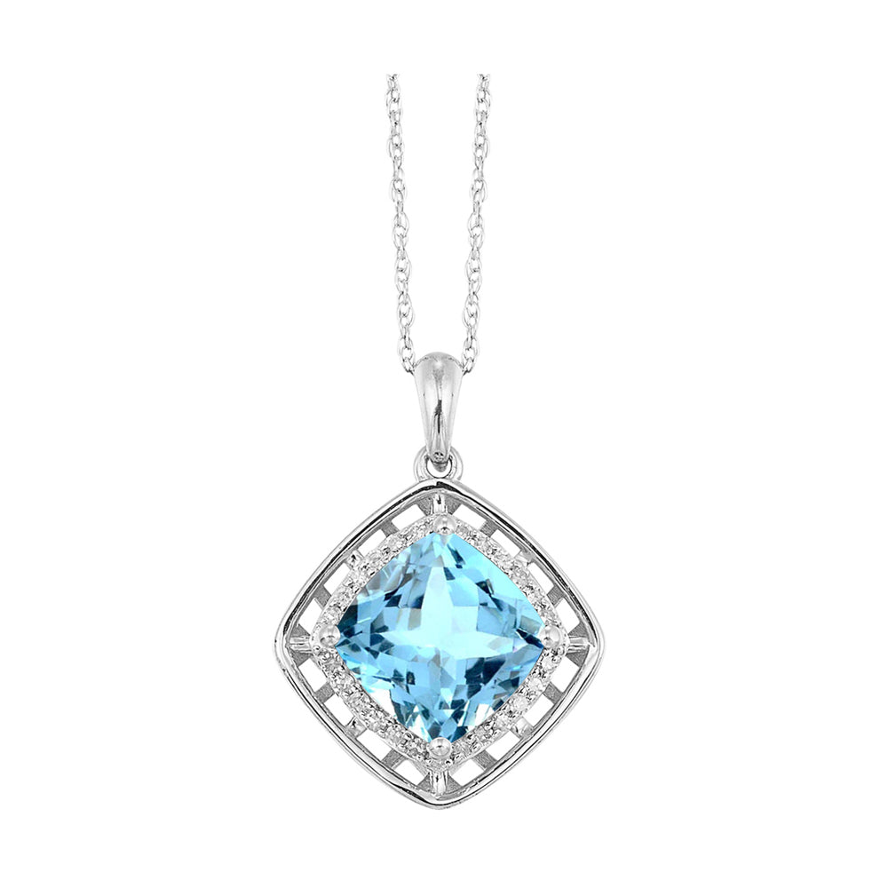 10Kt White Gold Diamond 1/12Ctw & Blue Topaz 1 1/4Ctw Pendant
