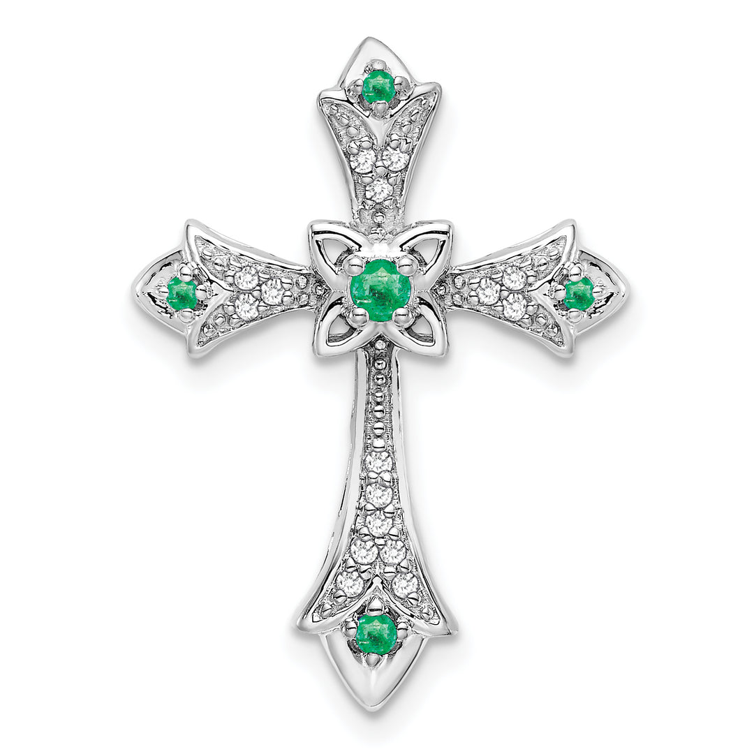 14k White Gold Emerald and Diamond Fleur de Lis Cross Chain Slide