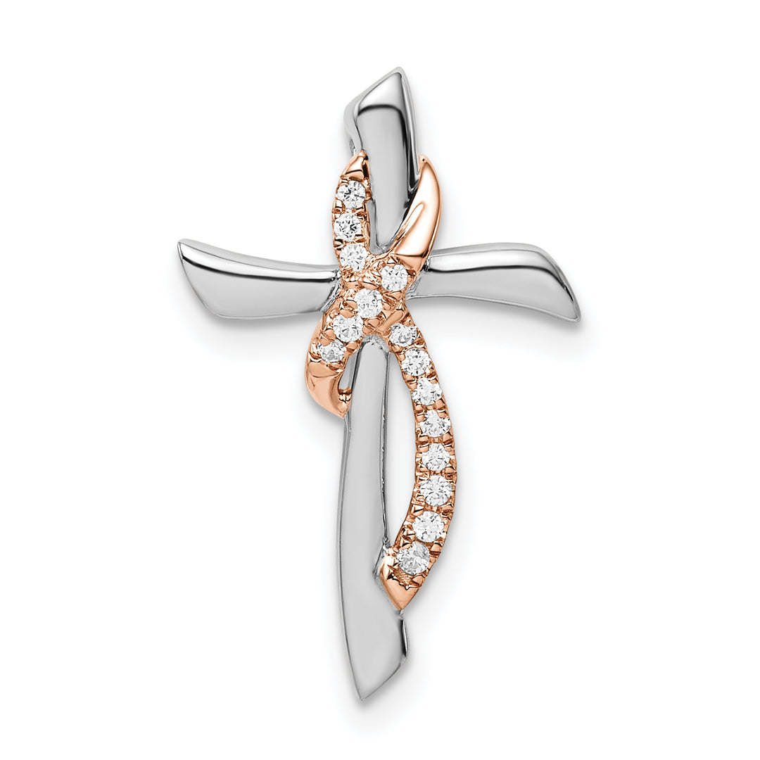 14k Two-tone White & Rose Cross w/Ribbon Diamond Chain Slide