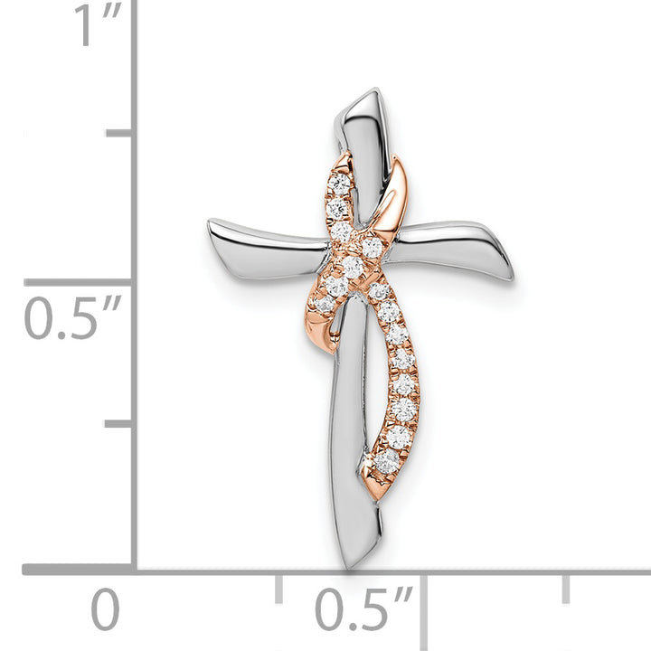 14k Two-tone White & Rose Cross w/Ribbon Diamond Chain Slide