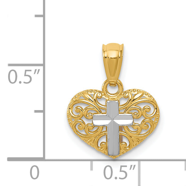 14k w/Rhodium Cross in Heart Pendant