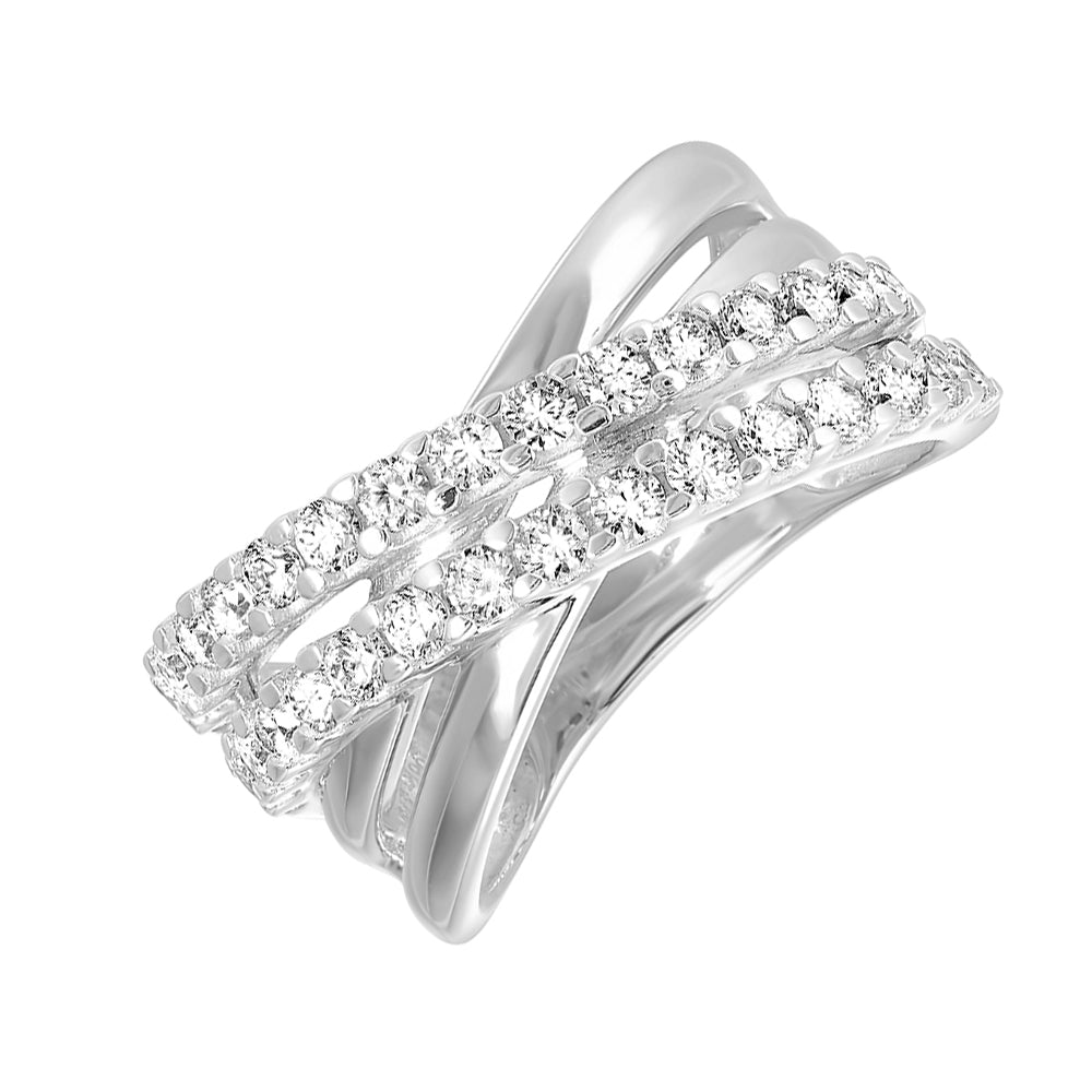 10KW diamond crossover ring with 1CTW round brilliants. Multi-row pavé bands create dimensional sparkle and strong case appeal an easy,  high-turn performer for any showcase.