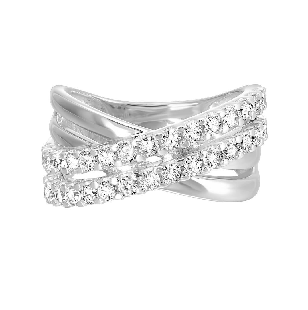 10KW diamond crossover ring with 1CTW round brilliants. Multi-row pavé bands create dimensional sparkle and strong case appeal an easy, high-turn performer for any showcase.