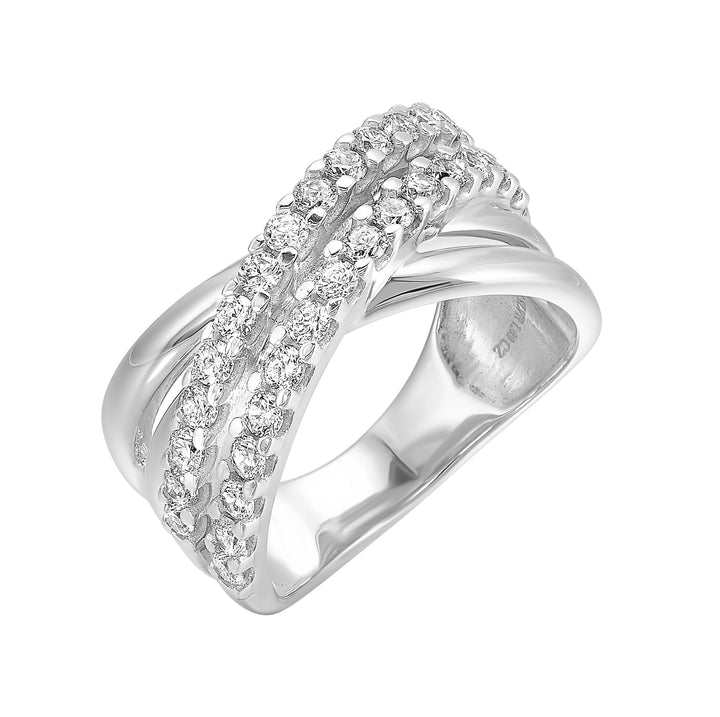 10KW diamond crossover ring with 1CTW round brilliants. Multi-row pavé bands create dimensional sparkle and strong case appeal an easy, high-turn performer for any showcase.