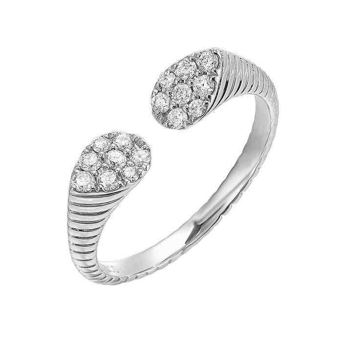 This exquisitely textured yellow gold ring is a royal masterpiece. Its band tapers towards two pear-shaped diamond clusters, converging to create a profile that captures the essence of regal charm.