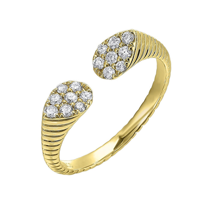 This exquisitely textured yellow gold ring is a royal masterpiece. Its band tapers towards two pear-shaped diamond clusters, converging to create a profile that captures the essence of regal charm.