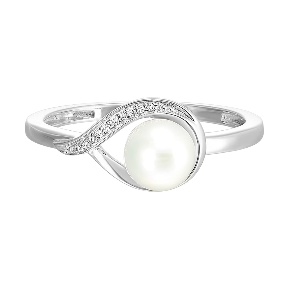 14Kt White Gold Diamond 1/50Ctw & Pearl Ring