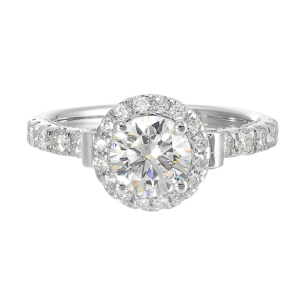 This rings beauty speaks for itself,  solitaire halo with cathedral shank look and migraine details underneath are a true resemble of your love