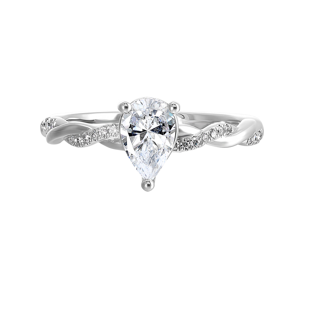 A pear cut diamond takes center stage, embraced by a mesmerizing criss cross shank adorned with playfulness of diamond and gold.