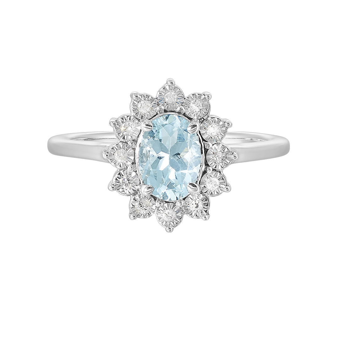Silver Diamond 1/20Ctw & Aquamarine 1Ctw Ring