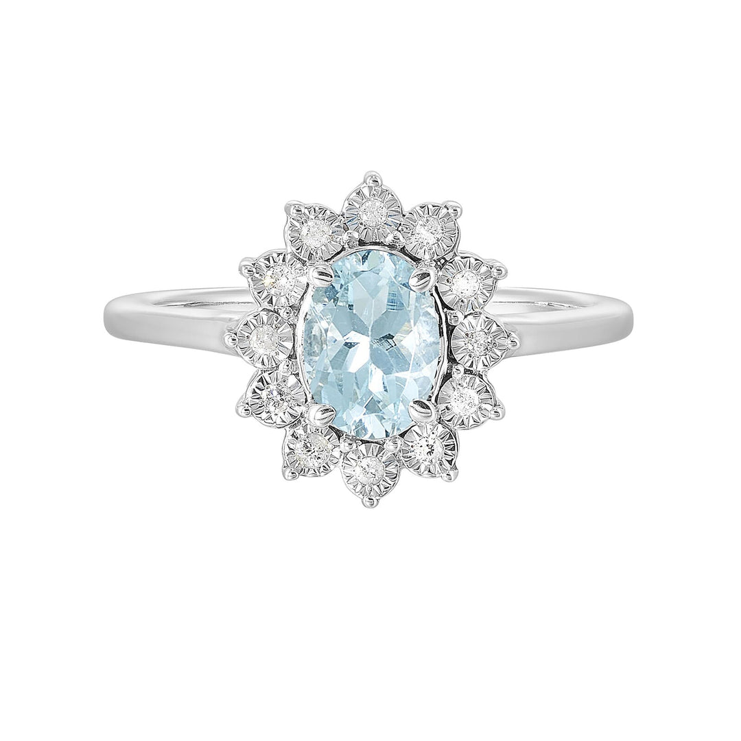 Silver Diamond 1/20Ctw & Aquamarine 1Ctw Ring