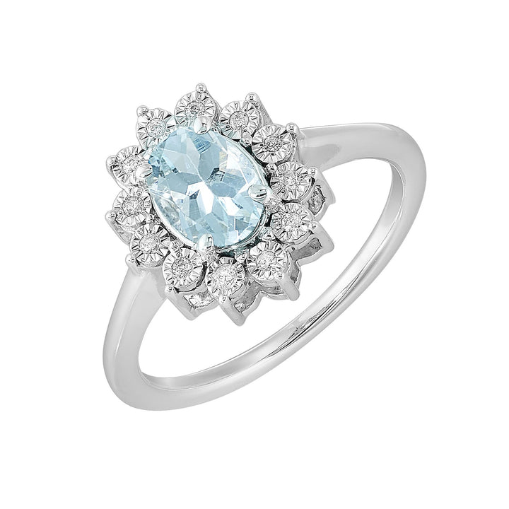 Silver Diamond 1/20Ctw & Aquamarine 1Ctw Ring