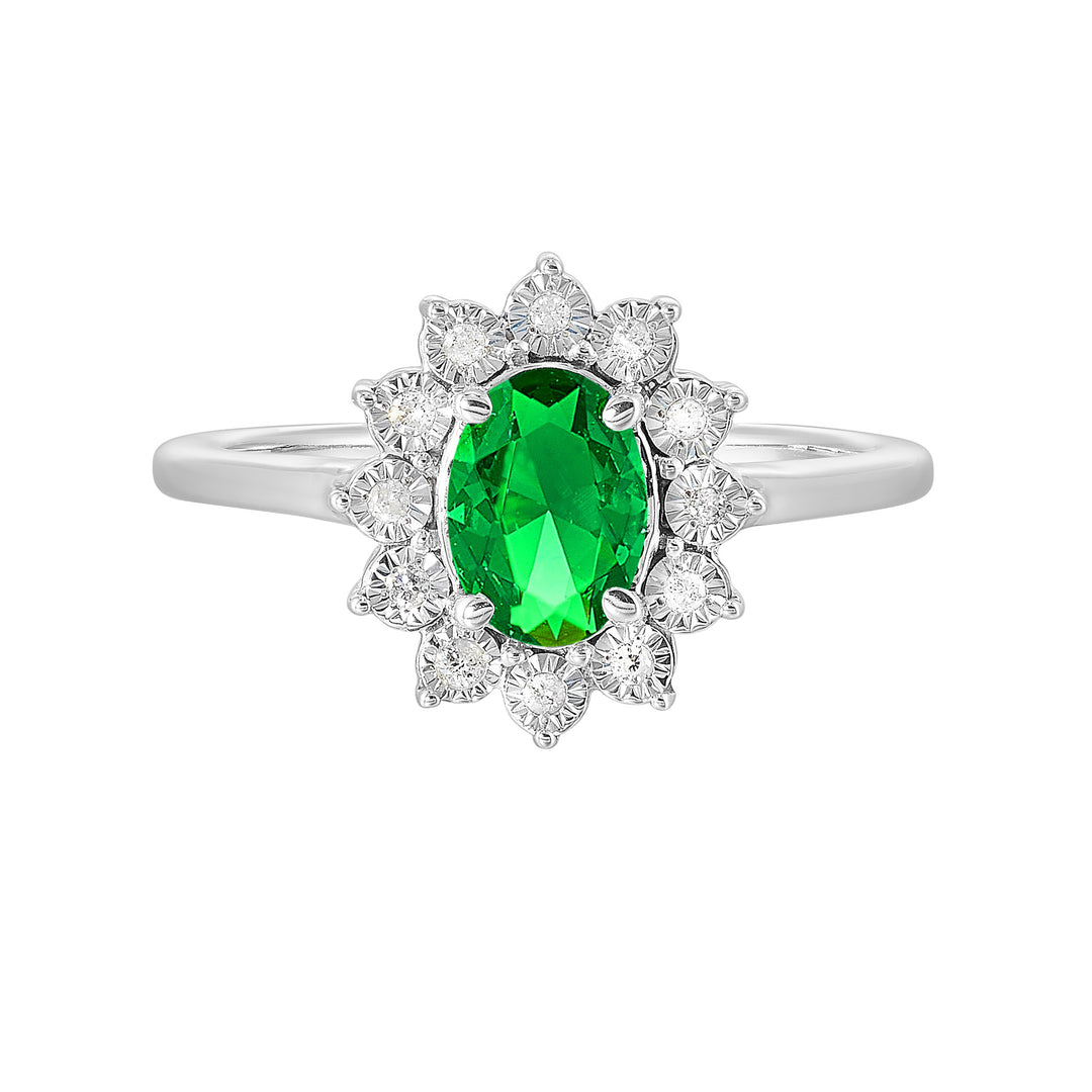 Silver Diamond 1/20Ctw & Created Emerald 1Ctw Ring