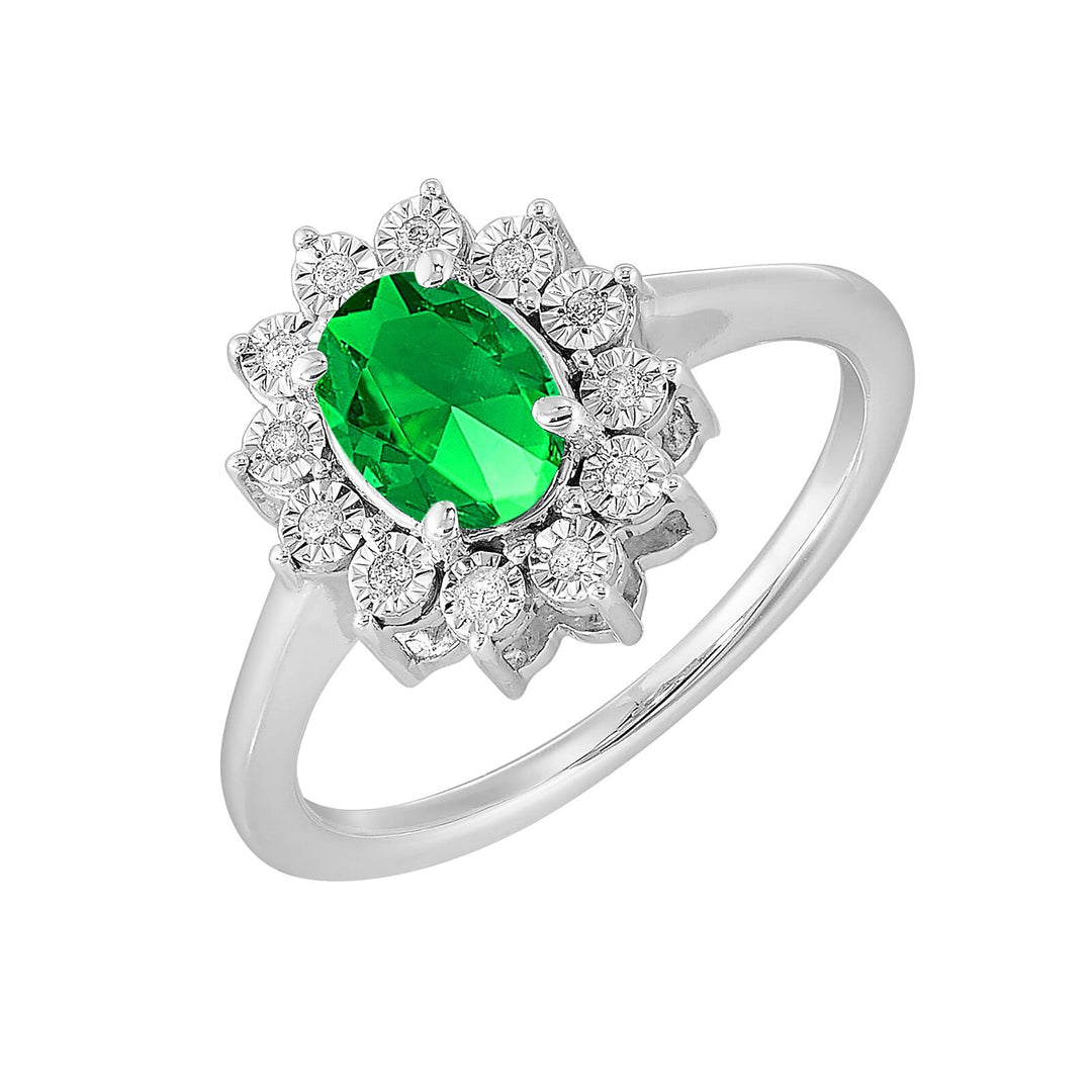 Silver Diamond 1/20Ctw & Created Emerald 1Ctw Ring