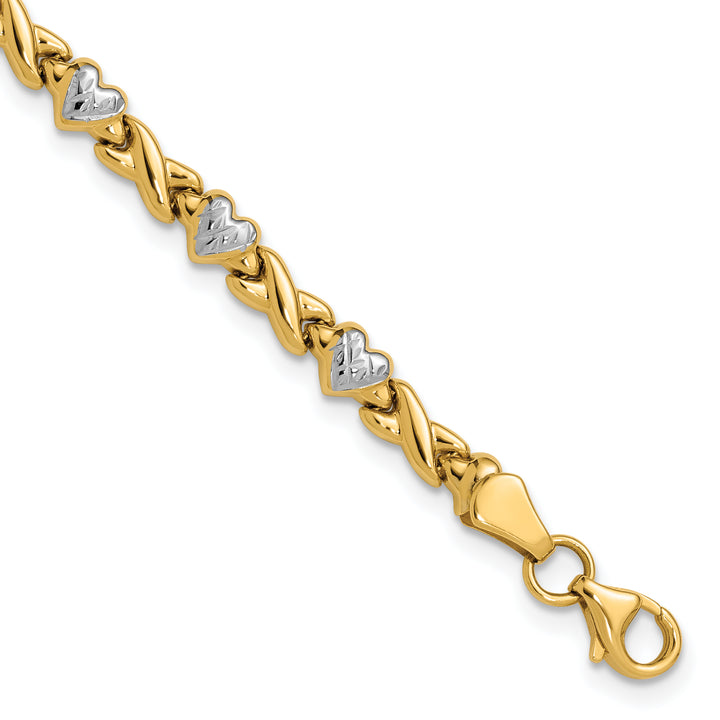 14k w/Rhodium Polished Heart and X Bracelet