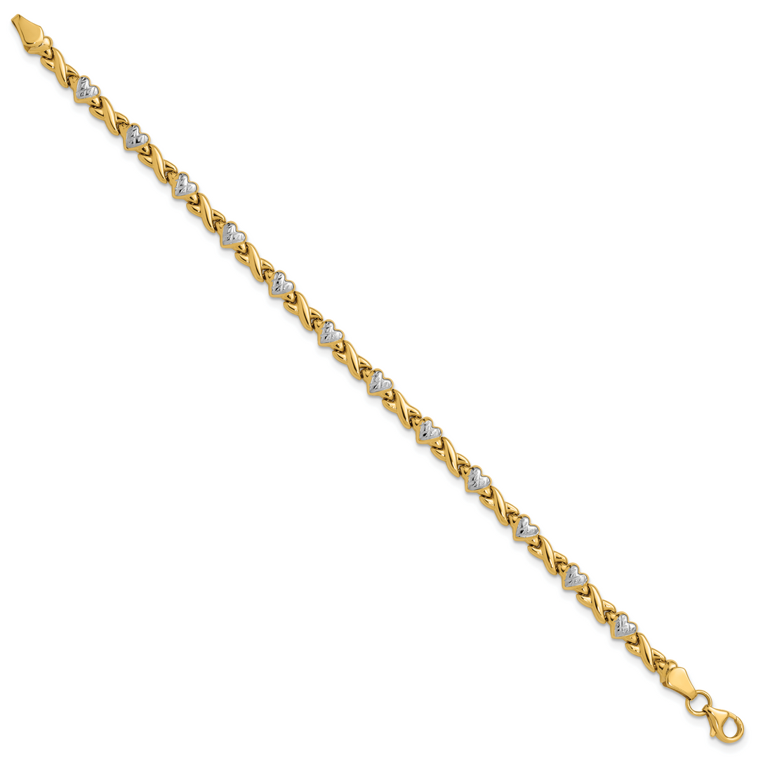 14k w/Rhodium Polished Heart and X Bracelet