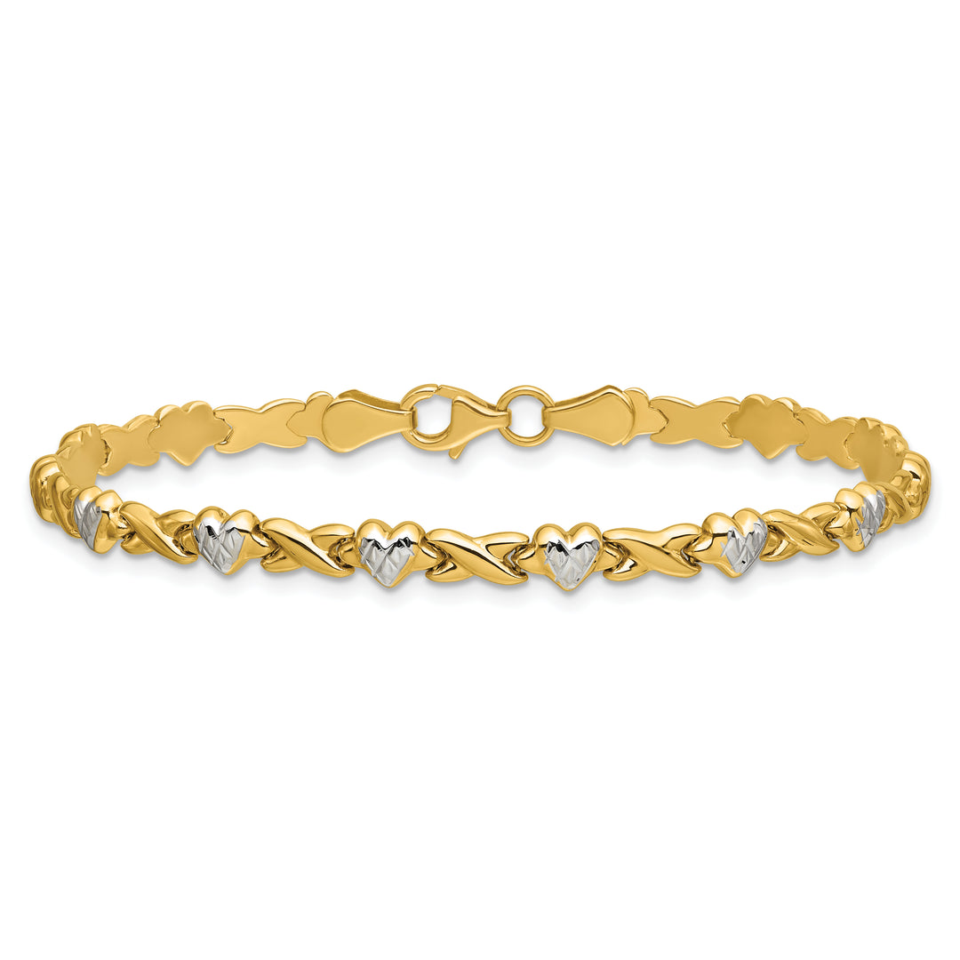 14k w/Rhodium Polished Heart and X Bracelet