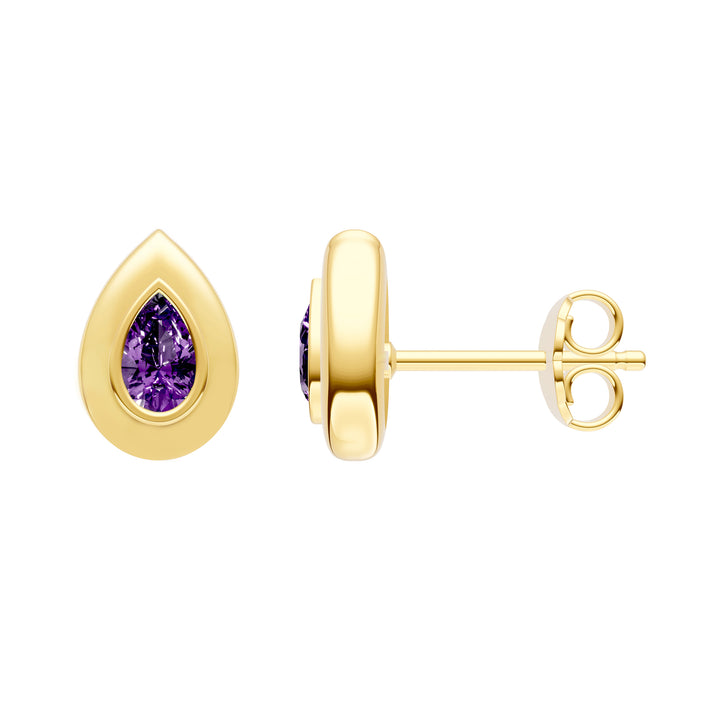 Pear Shape Purple Amethyst Double Bezel Stud Earrings