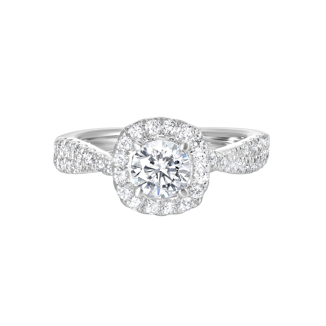 Pave diamonds embellish the loose twisted band. To top it off, diamonds in softer cushion halo  surround this mesmerizing diamond center.