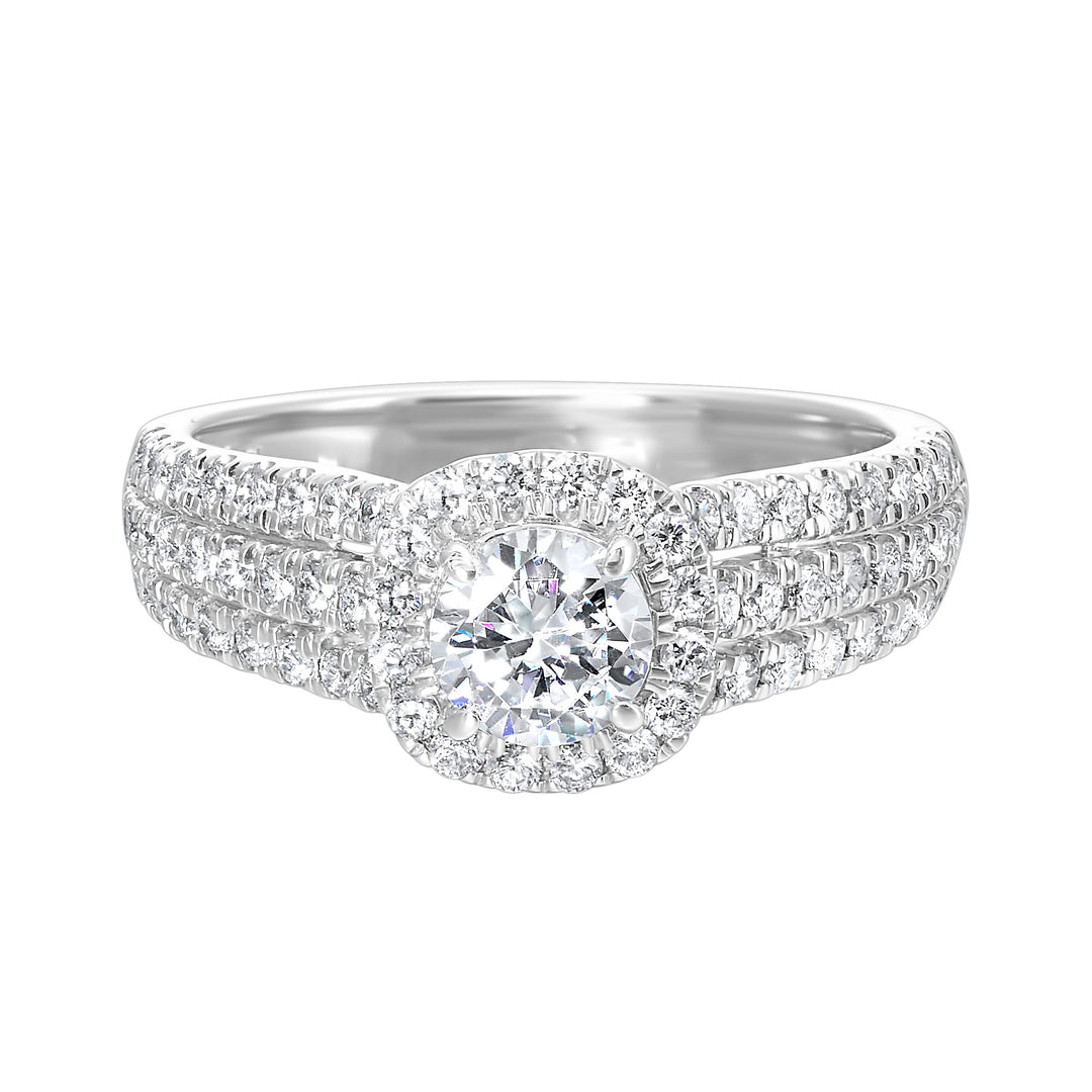 Tell your unique love story with this beautiful cushion halo engagement ring. Ring shank is split into three rows of diamonds, making this halo engagement ring sparkle even brighter.