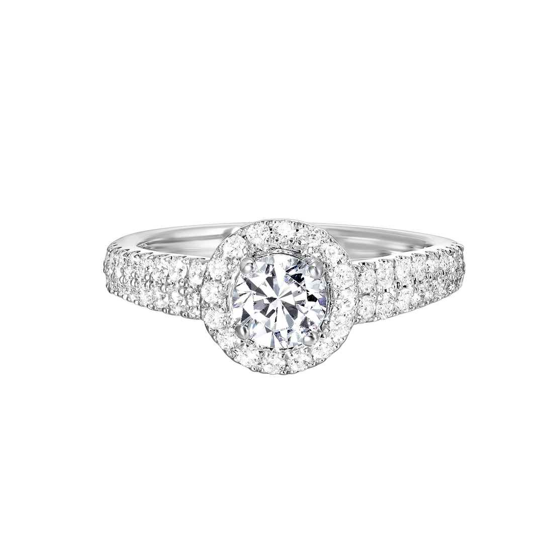 This beautiful engagement ring features pave set diamonds on the halo and a duet of diamonds gracefully embrace the tapered band highlighting the center solitare perfectly.