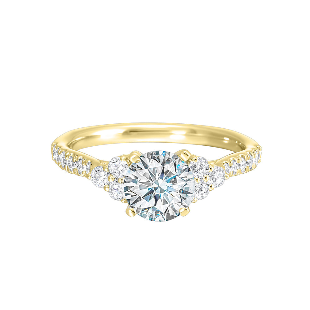 A trio of round diamonds on either side of the solitaire followed by a diamond studded shank, this ring is sure to impress her.