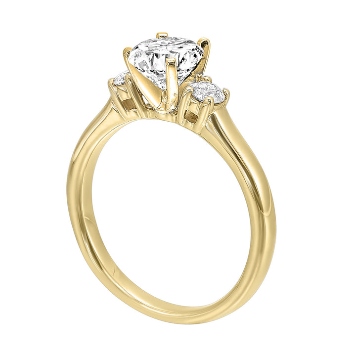 Classic and romantic, this three stone engagement ring features the bold gold shank to sparkle your moments further.
