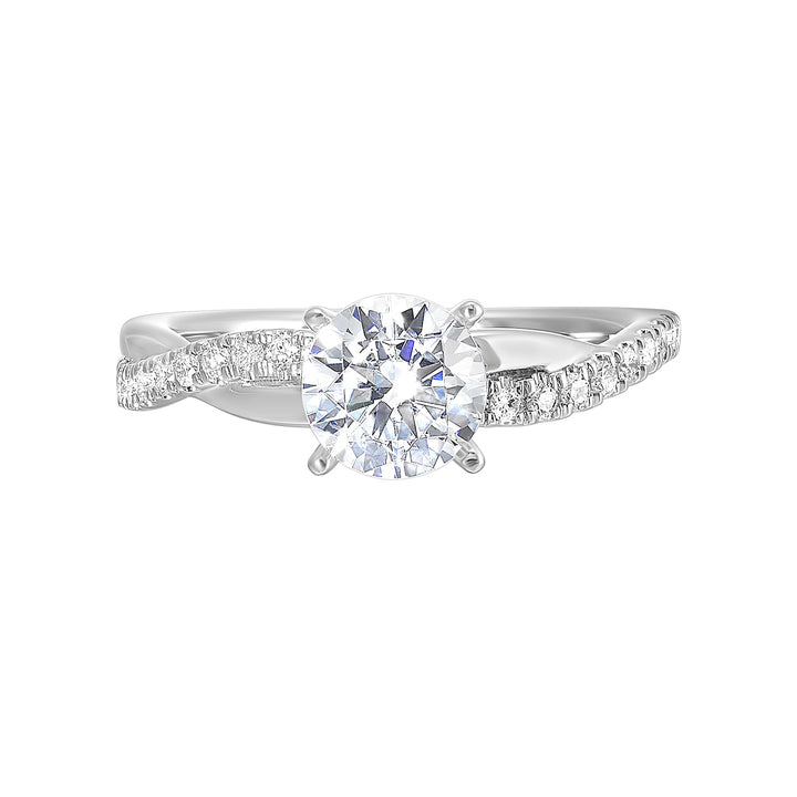 A stunning solitaire, embraced by a criss cross shank adorned with alternating flow of dazzling diamonds is sure to captivate her look.
