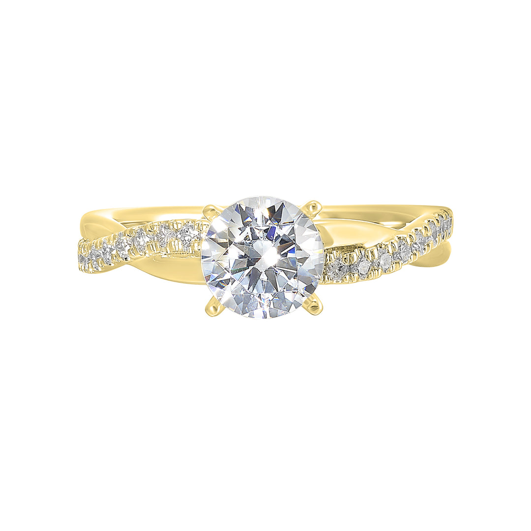 A stunning solitaire,  embraced by a criss cross shank adorned with alternating flow of dazzling diamonds is sure to captivate her look.