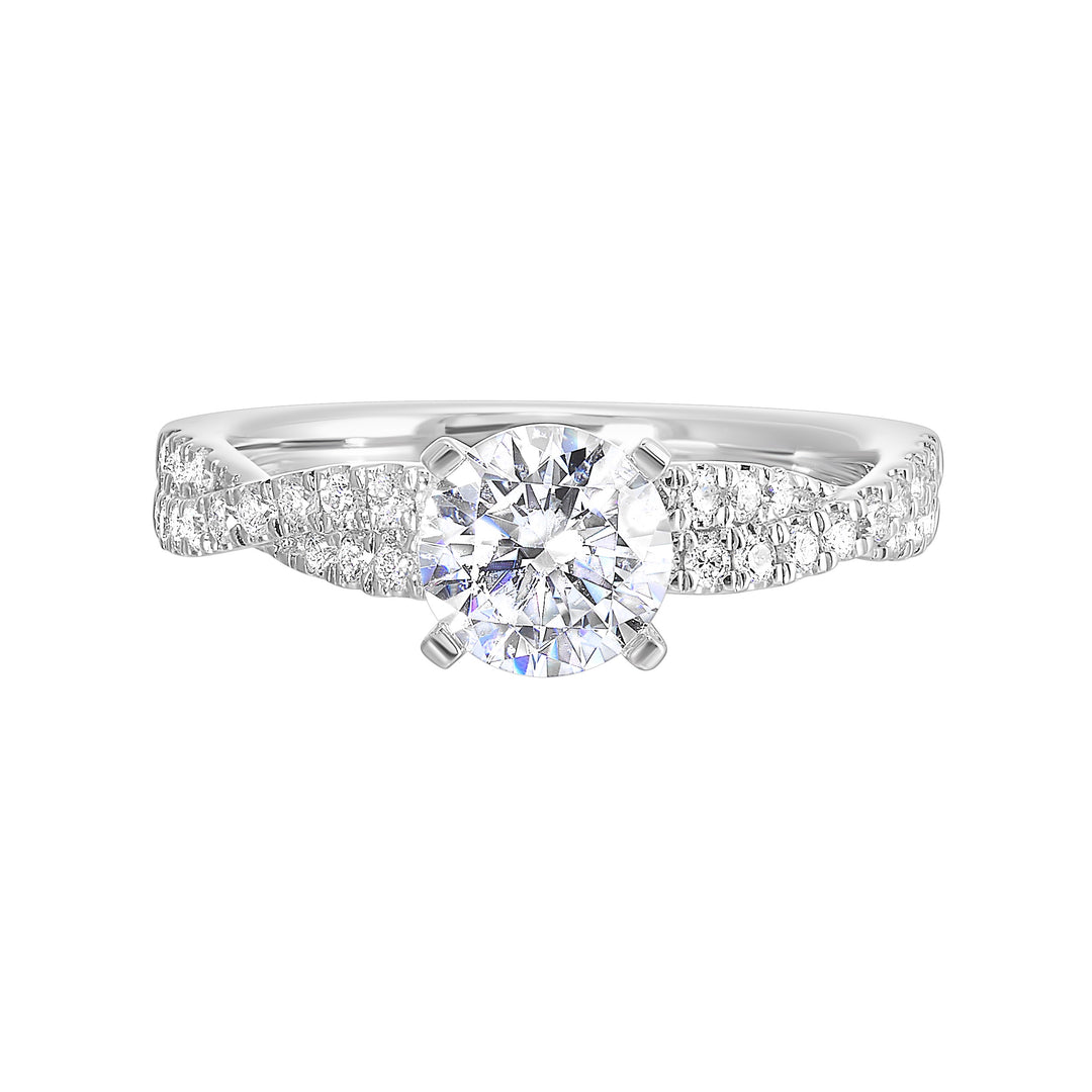 A dazzling masterpiece, this radiant engagement ring will take her breath away. This contemporary rope style engagement ring features two woven pave diamond bands.