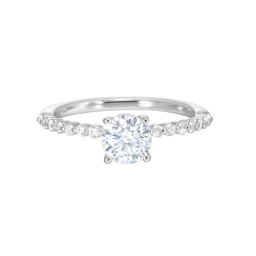 This lovely engagement ring consists of brilliant cut center diamond with single prong set diamonds along the shank and  finishing touches of added diamonds details in front.