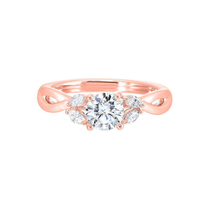 Gorgeous three stone twist engagement ring with added marquise on the shoulders highlights the center further.