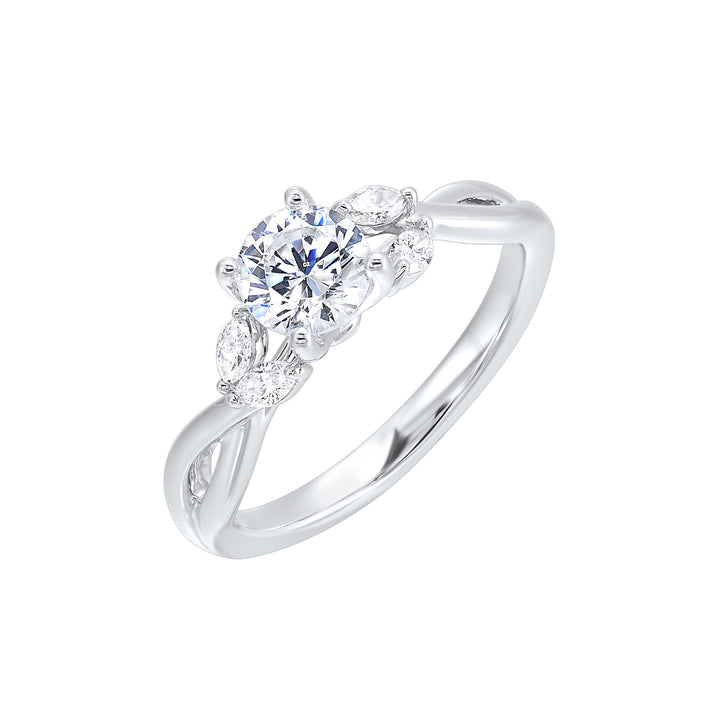 Gorgeous three stone twist engagement ring with added marquise on the shoulders highlights the center further.