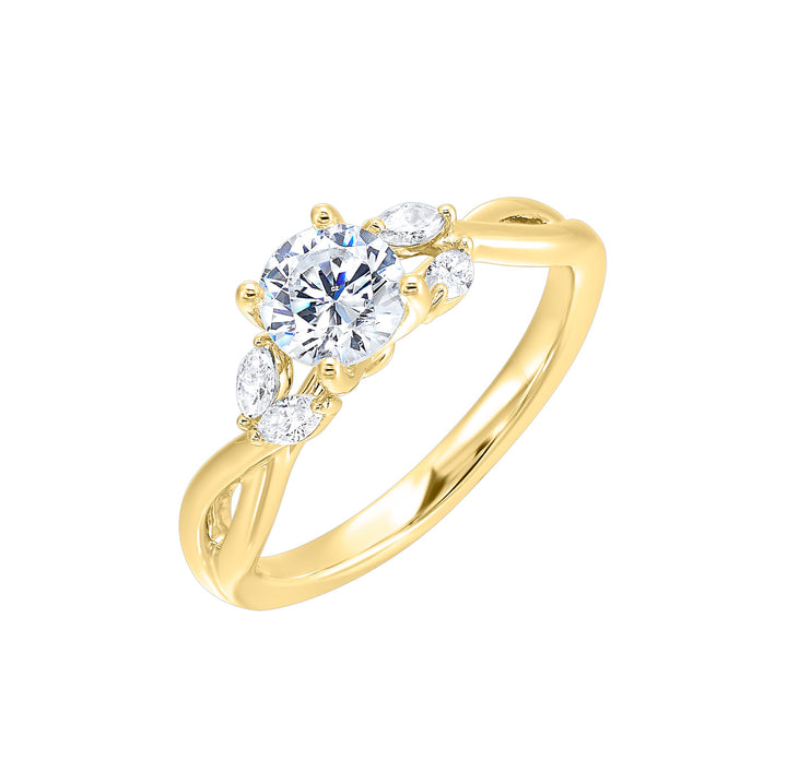 Gorgeous three stone twist engagement ring with added marquise on the shoulders highlights the center further.
