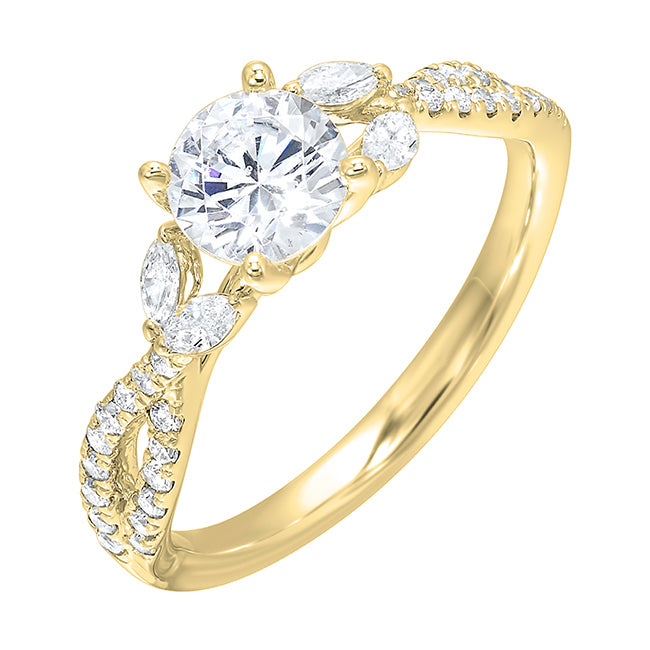 Embraced by a criss cross shank of pave diamonds. Two marquise diamond crown the band,  adding a touch of unexpected elegance and a modern twist to this solitaire ring.