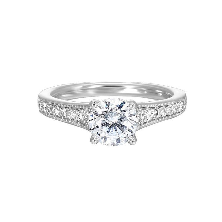 Reverse tapered shank with milgrain on both the sides perfectly compliments the center stone to create a beautiful and elegant look.