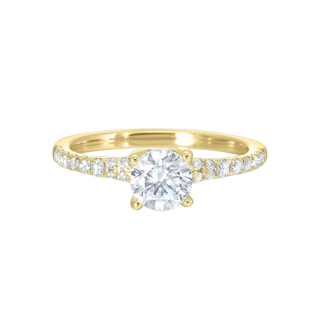 A showcase of sleek tapered pave diamonds enshrines this engagement ring with bigger solitare center.