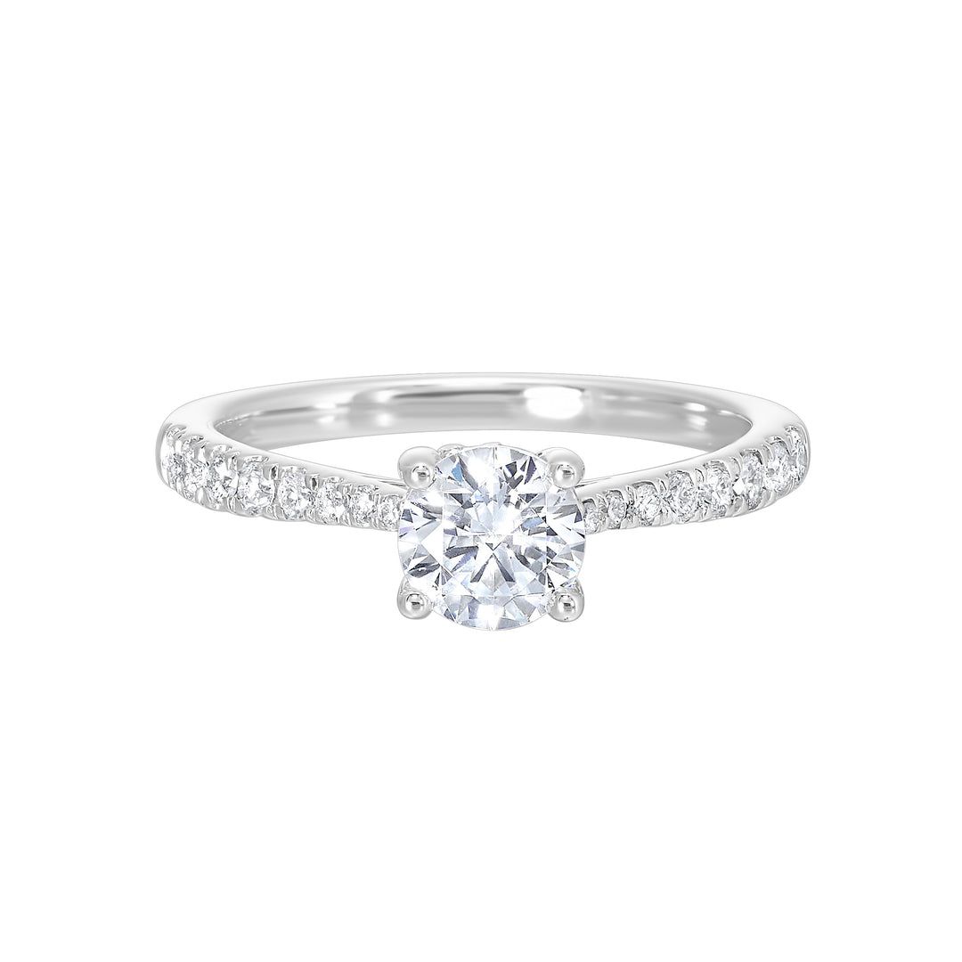 Reverse tapered band on this solitaire engagement ring draws your eye to the sparkling round solitare making it the focal point.