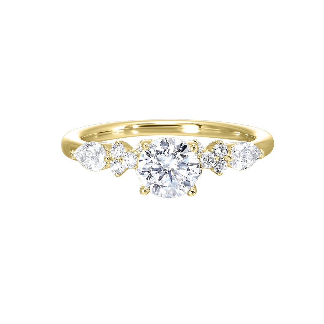 Eye-catching and glamorous, this ring features a cluster of diamonds that surround either side of the center stone with added glitter of fancy.
