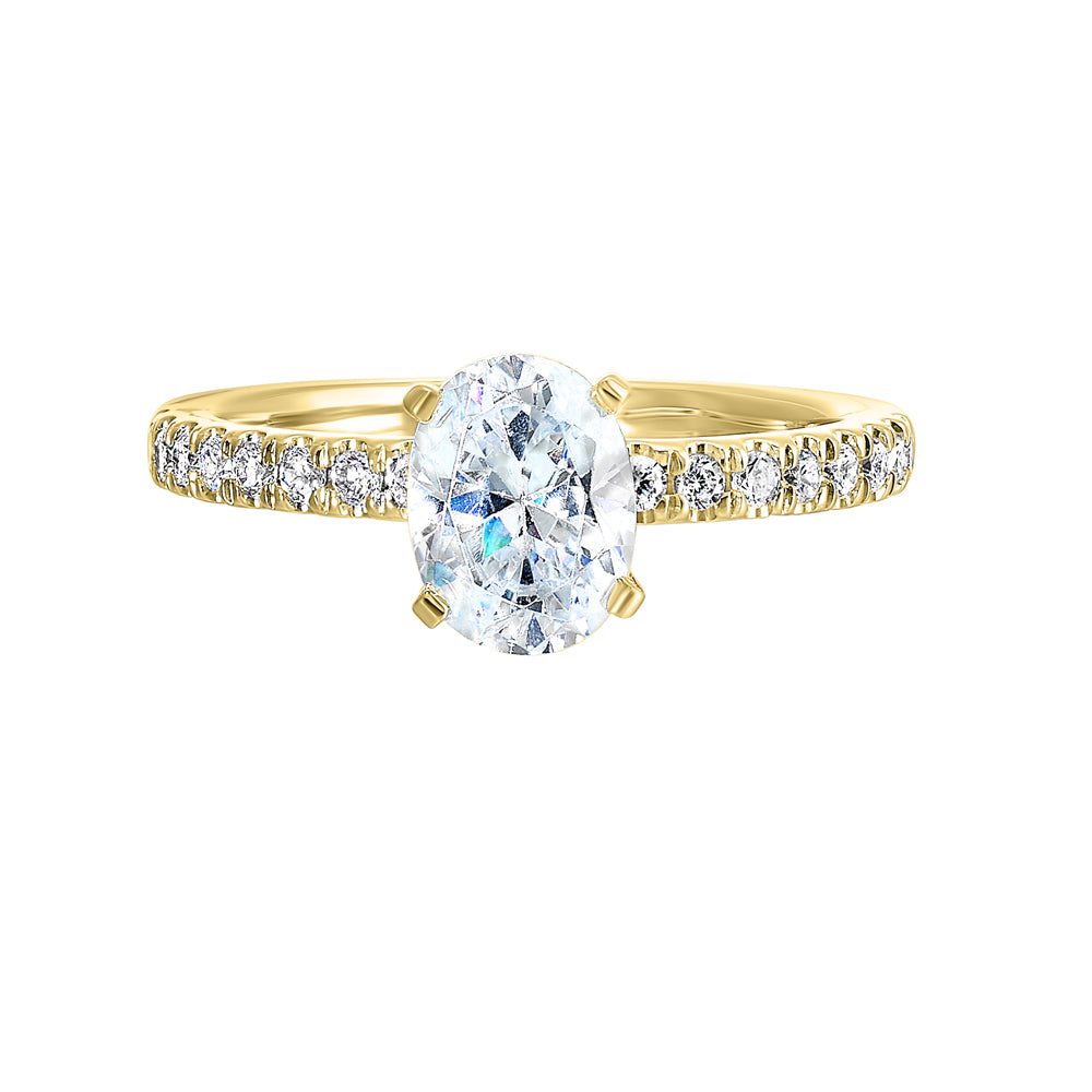Oval center with pave set diamonds in shank makes this ring shine further.