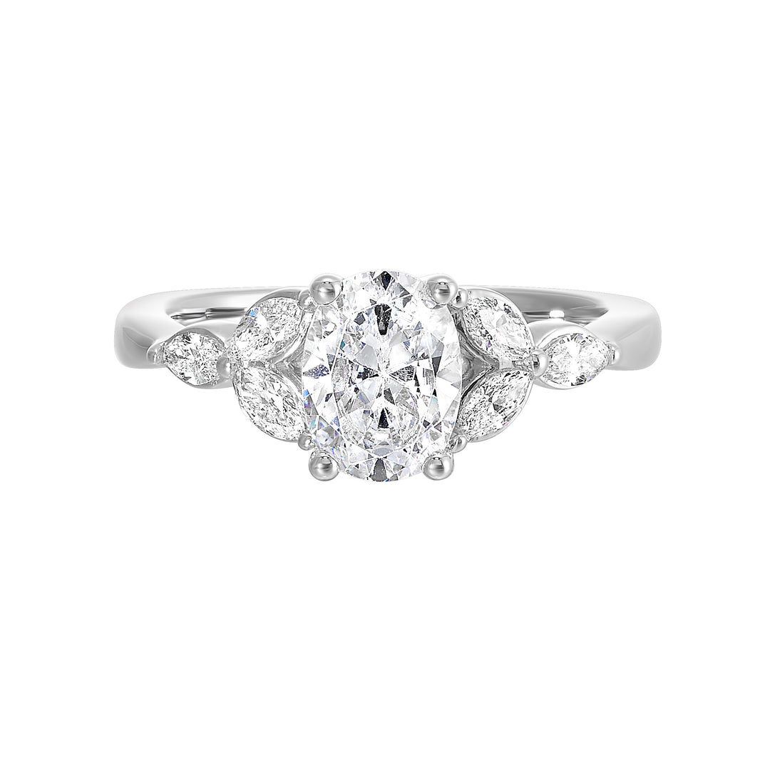 Elongated oval diamond takes center stage,  framed by graceful trinity of marquise diamonds set on either side followed by a pinch shank is sure to flatten her.
