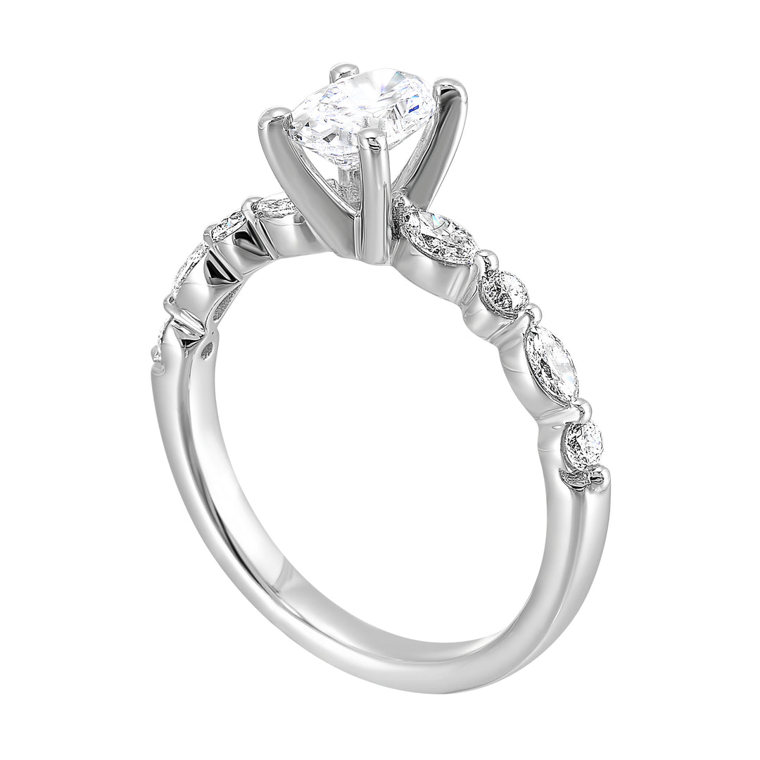 A magnificent oval diamond takes center stage, framed by a breathtaking alternation of fancy and round diamonds is sure to delight her.
