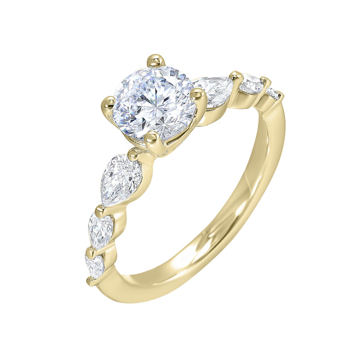 Round solitaire meets graduating pear cut diamonds set in common prongs blending classic elegance with contemporary style.