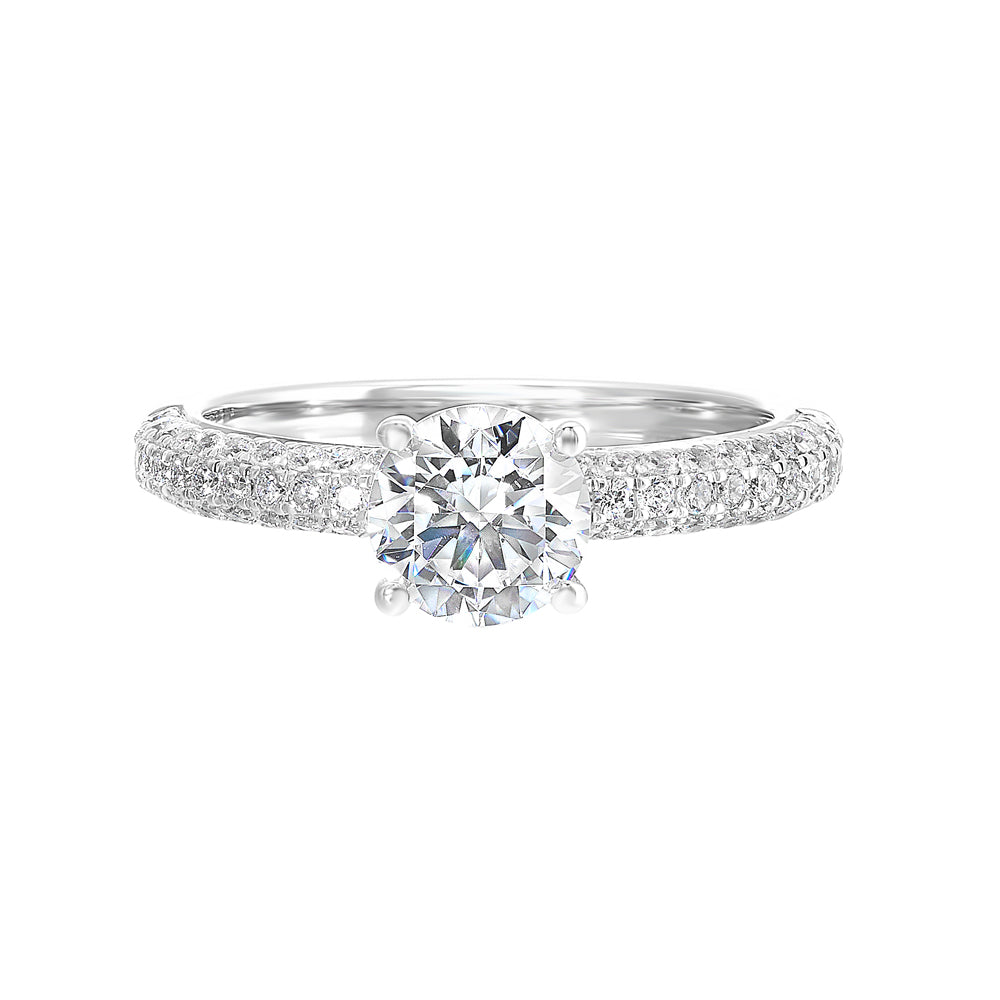 Micro-pave diamonds shimmer from every angle of this doomed engagement ring encrusted with 3 rows of diamonds with added glitter of solitare